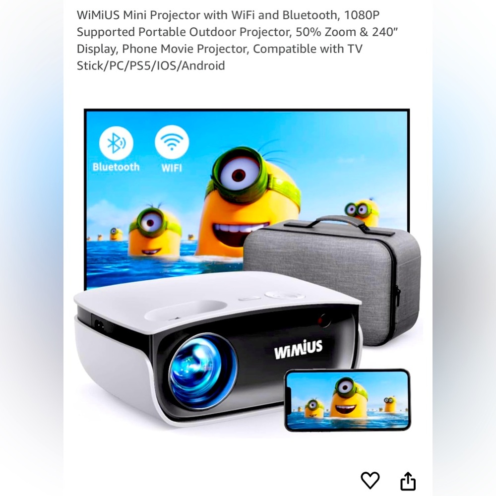 NWT WiMiUS Mini Projector with WiFi and Bluetooth, 1080P